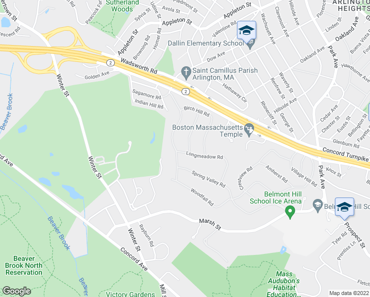 map of restaurants, bars, coffee shops, grocery stores, and more near 6 Lantern Road in Belmont