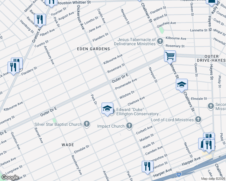 map of restaurants, bars, coffee shops, grocery stores, and more near 13000 Promenade Ave in Detroit