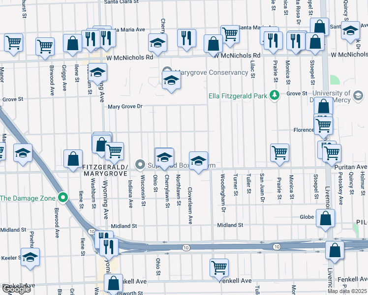 map of restaurants, bars, coffee shops, grocery stores, and more near 16196 Northlawn Street in Detroit
