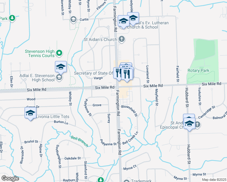 map of restaurants, bars, coffee shops, grocery stores, and more near 33411 Six Mile Road in Livonia
