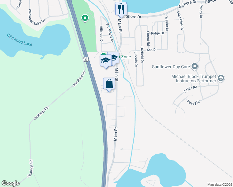 map of restaurants, bars, coffee shops, grocery stores, and more near Main Street in Whitmore Lake