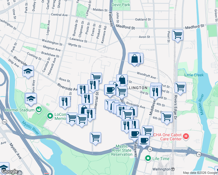 map of restaurants, bars, coffee shops, grocery stores, and more near 158 4th Street in Medford