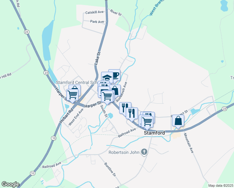 map of restaurants, bars, coffee shops, grocery stores, and more near 5 Roosevelt Avenue in Stamford