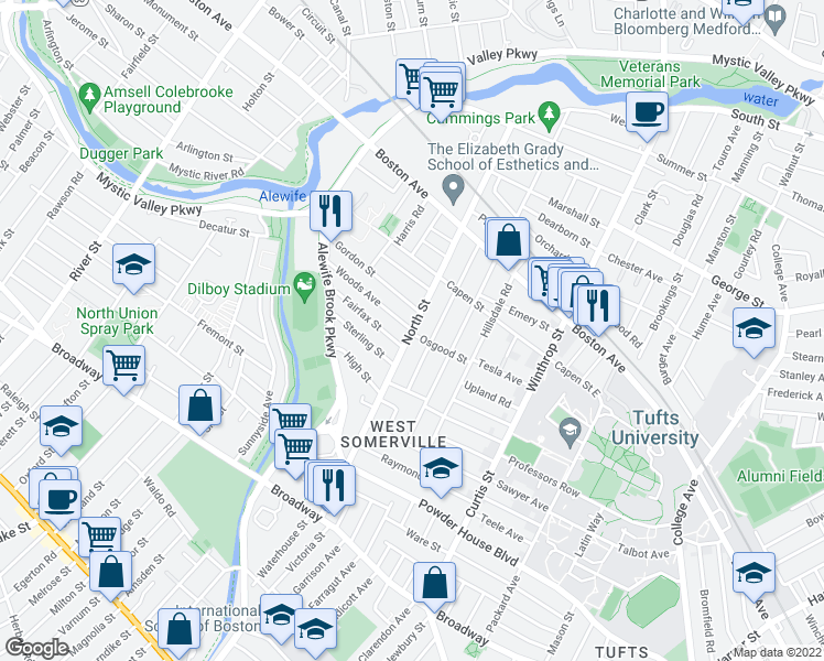 map of restaurants, bars, coffee shops, grocery stores, and more near North St & Woods Ave in Somerville