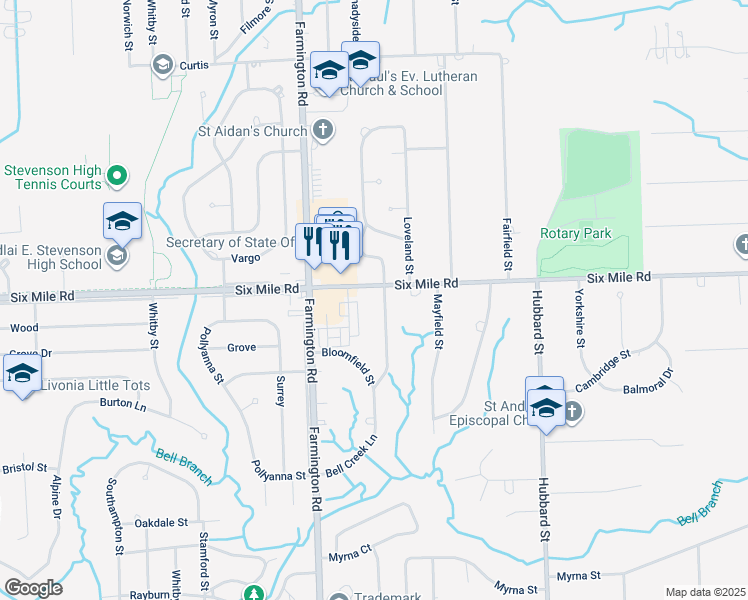 map of restaurants, bars, coffee shops, grocery stores, and more near 33041 Six Mile Road in Livonia