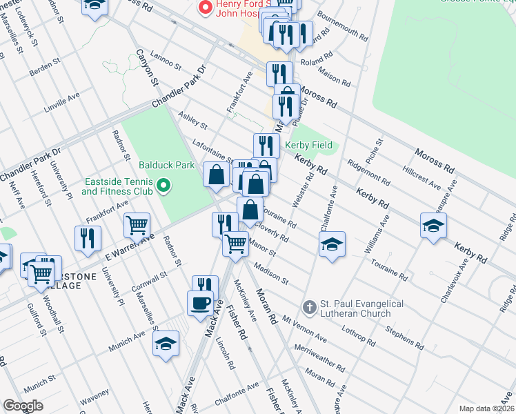 map of restaurants, bars, coffee shops, grocery stores, and more near 18536 Mack Avenue in Grosse Pointe Farms