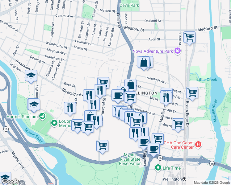 map of restaurants, bars, coffee shops, grocery stores, and more near 158 4th Street in Medford