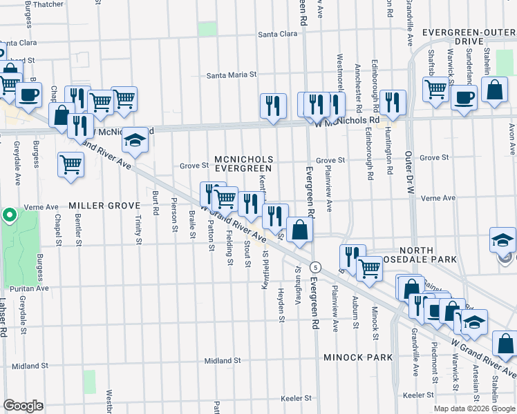 map of restaurants, bars, coffee shops, grocery stores, and more near 16579 Kentfield Street in Detroit