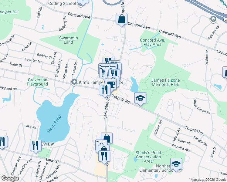 map of restaurants, bars, coffee shops, grocery stores, and more near 1019 Trapelo Road in Waltham