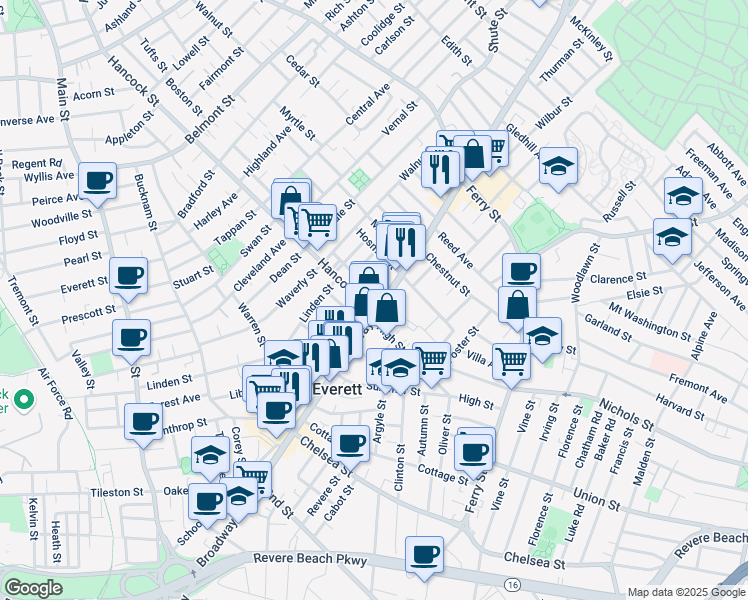 map of restaurants, bars, coffee shops, grocery stores, and more near 5 Hancock Street in Everett
