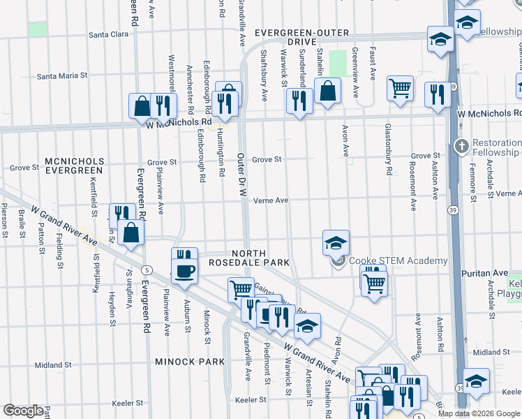 map of restaurants, bars, coffee shops, grocery stores, and more near 16575 Shaftsbury Avenue in Detroit