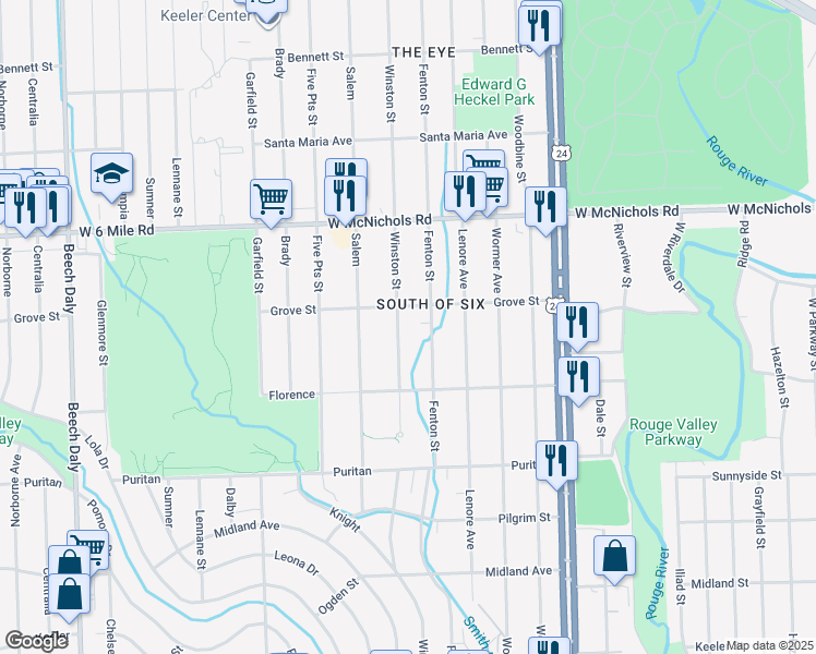 map of restaurants, bars, coffee shops, grocery stores, and more near 16606 Winston Street in Detroit