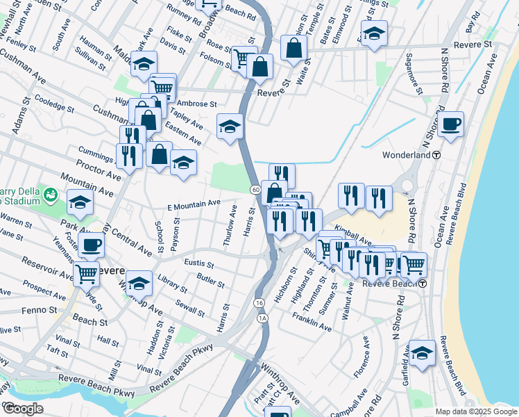map of restaurants, bars, coffee shops, grocery stores, and more near 80 American Legion Highway in Revere