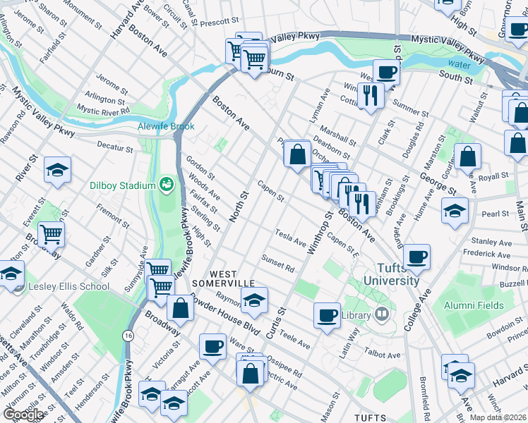 map of restaurants, bars, coffee shops, grocery stores, and more near 52 Adams Street in Medford
