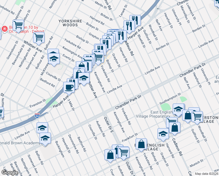 map of restaurants, bars, coffee shops, grocery stores, and more near 5920 Kensington Avenue in Detroit