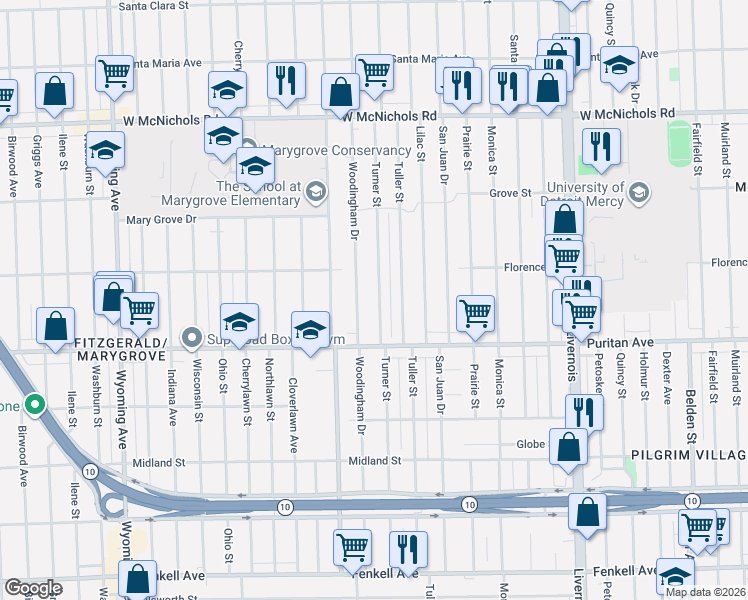 map of restaurants, bars, coffee shops, grocery stores, and more near 16182 Woodingham Drive in Detroit