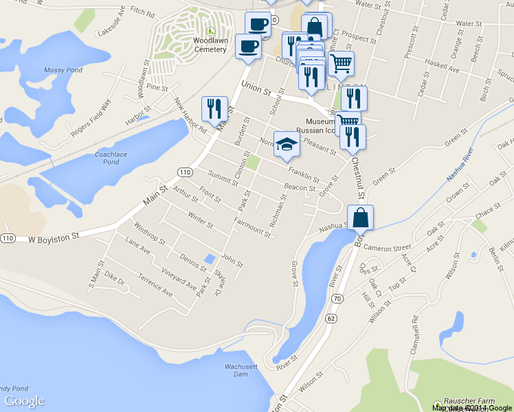map of restaurants, bars, coffee shops, grocery stores, and more near 24 Simon Court in Clinton