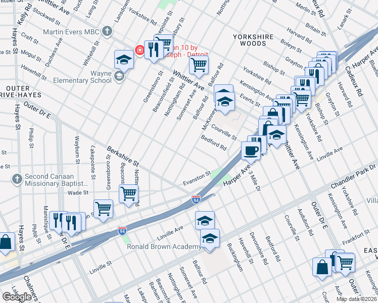 map of restaurants, bars, coffee shops, grocery stores, and more near 9425 Mckinney St in Detroit