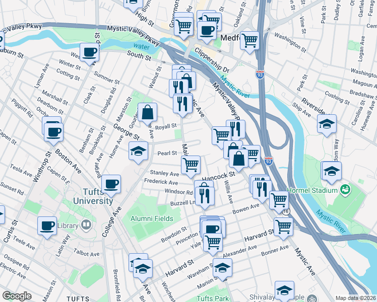 map of restaurants, bars, coffee shops, grocery stores, and more near 226 Main Street in Medford