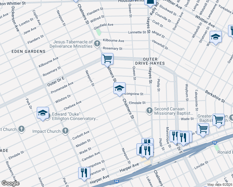 map of restaurants, bars, coffee shops, grocery stores, and more near 14349 Longview St in Detroit