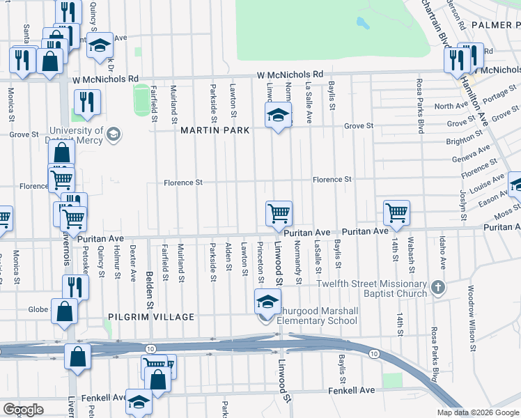 map of restaurants, bars, coffee shops, grocery stores, and more near 16152 Princeton Street in Detroit