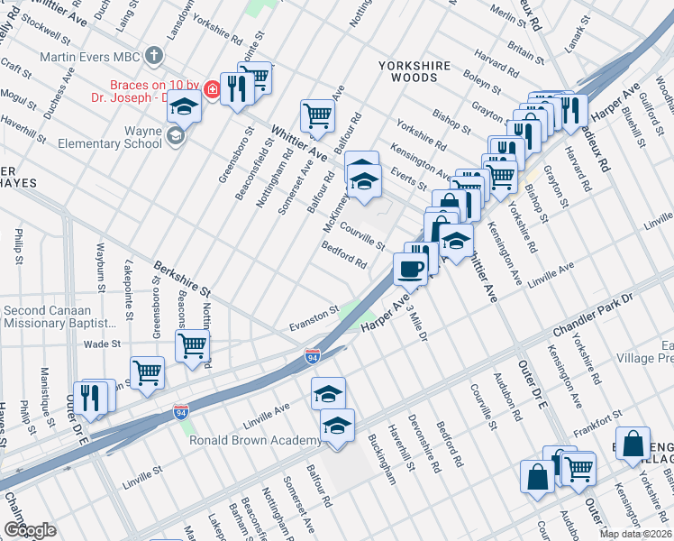 map of restaurants, bars, coffee shops, grocery stores, and more near 9169 Devonshire Road in Detroit