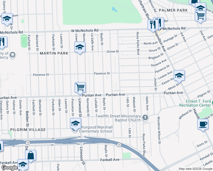map of restaurants, bars, coffee shops, grocery stores, and more near 16147 Baylis Street in Detroit