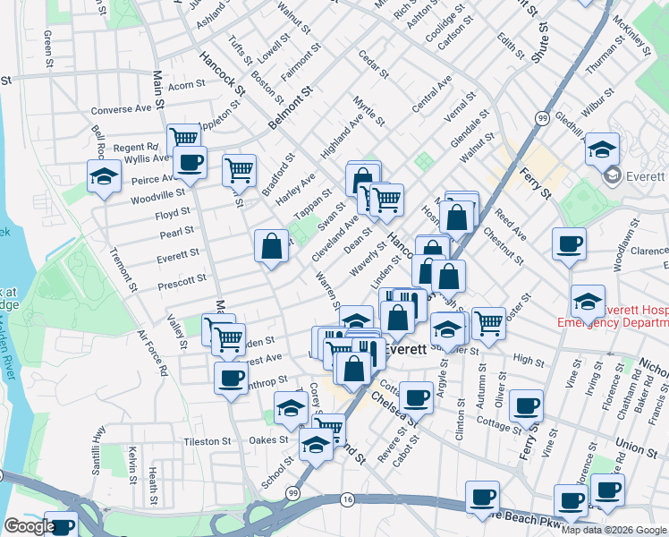 map of restaurants, bars, coffee shops, grocery stores, and more near 78 Waverly Street in Everett