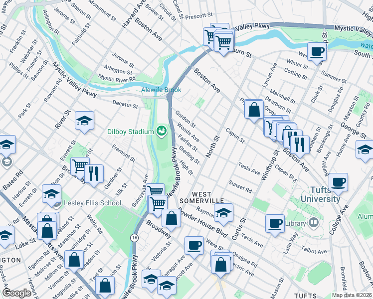 map of restaurants, bars, coffee shops, grocery stores, and more near 51 Sterling Street in Somerville