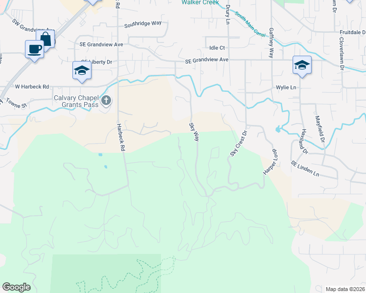 map of restaurants, bars, coffee shops, grocery stores, and more near 520 Sky Way in Grants Pass