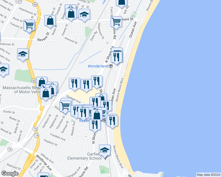 map of restaurants, bars, coffee shops, grocery stores, and more near 376 Ocean Avenue in Revere