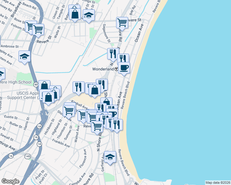map of restaurants, bars, coffee shops, grocery stores, and more near 376 Ocean Avenue in Revere