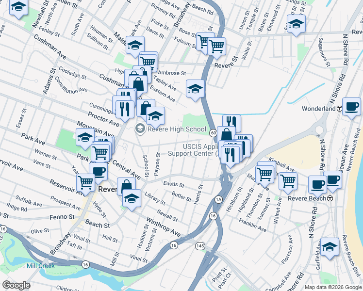 map of restaurants, bars, coffee shops, grocery stores, and more near 58 Trevalley Road in Revere