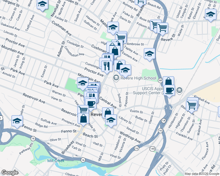 map of restaurants, bars, coffee shops, grocery stores, and more near 14 Grand Avenue in Revere