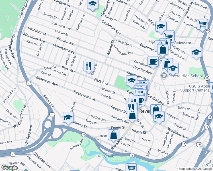 map of restaurants, bars, coffee shops, grocery stores, and more near 178 Park Avenue in Revere