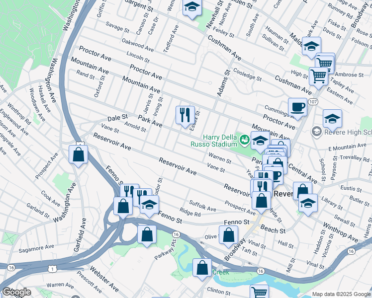 map of restaurants, bars, coffee shops, grocery stores, and more near 171 Vane Street in Revere
