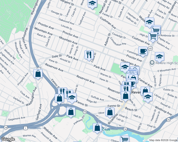 map of restaurants, bars, coffee shops, grocery stores, and more near 171 Vane Street in Revere
