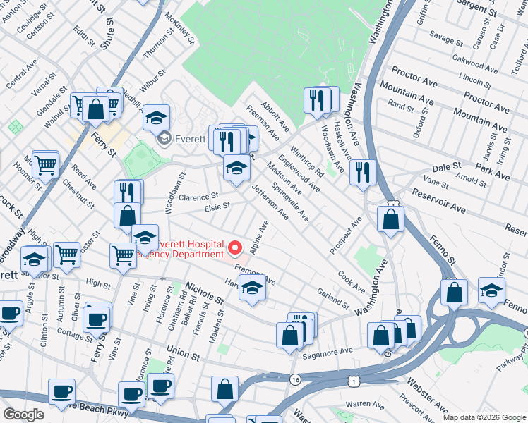map of restaurants, bars, coffee shops, grocery stores, and more near 94 Dartmouth Street in Everett