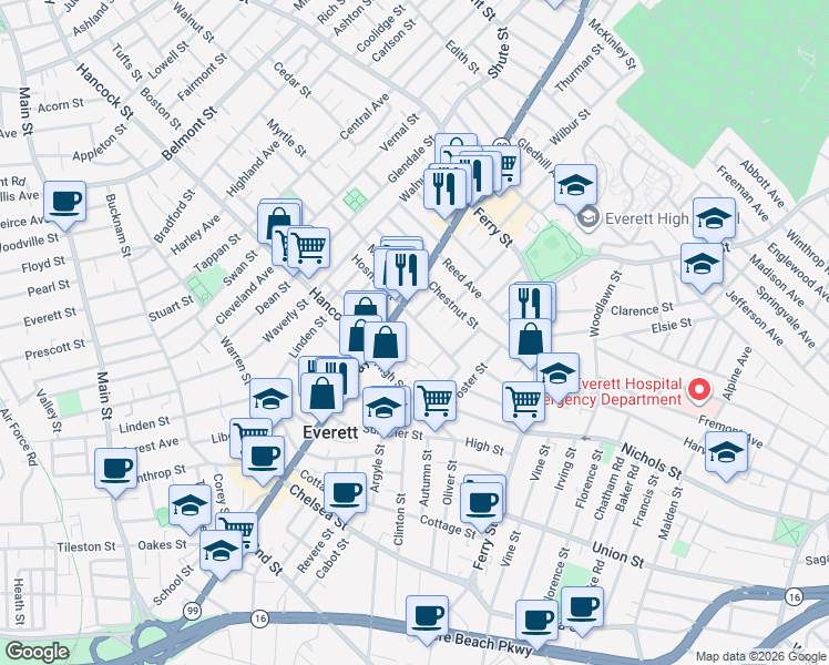 map of restaurants, bars, coffee shops, grocery stores, and more near 587 Broadway in Everett