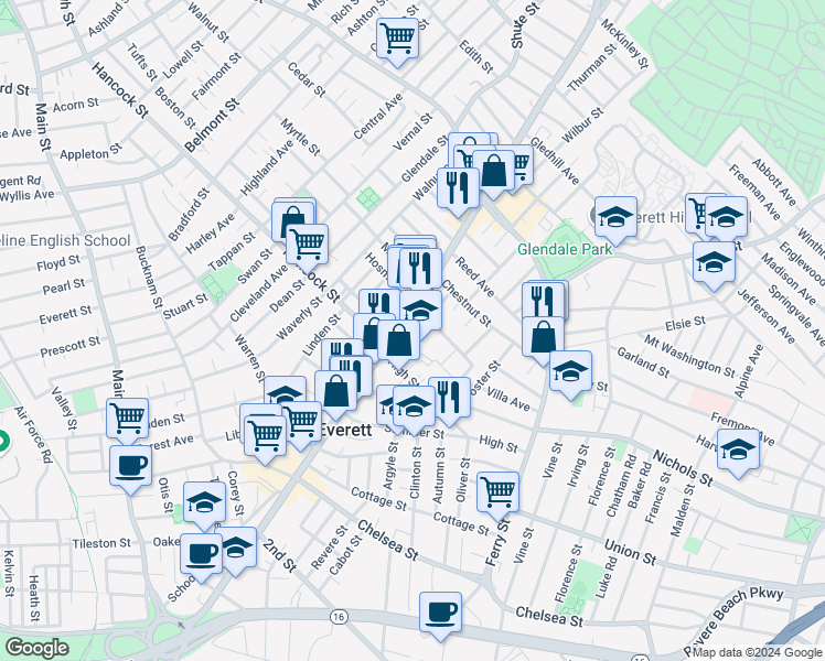 map of restaurants, bars, coffee shops, grocery stores, and more near 587 Broadway in Everett