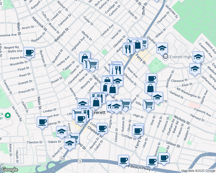 map of restaurants, bars, coffee shops, grocery stores, and more near 577 Broadway in Everett