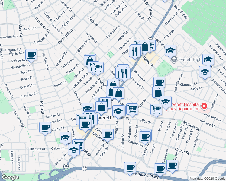 map of restaurants, bars, coffee shops, grocery stores, and more near 577 Broadway in Everett