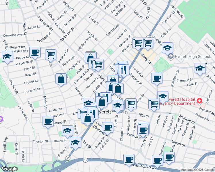 map of restaurants, bars, coffee shops, grocery stores, and more near 548 Broadway in Everett
