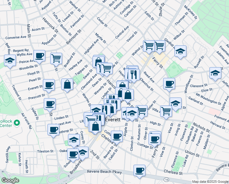 map of restaurants, bars, coffee shops, grocery stores, and more near 548 Broadway in Everett