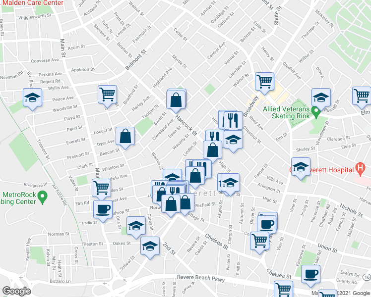 map of restaurants, bars, coffee shops, grocery stores, and more near 182 Linden Street in Everett