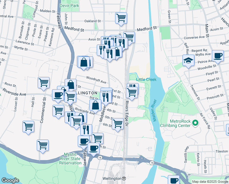 map of restaurants, bars, coffee shops, grocery stores, and more near 35 2nd Street in Medford