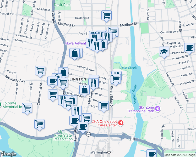 map of restaurants, bars, coffee shops, grocery stores, and more near 35 2nd Street in Medford