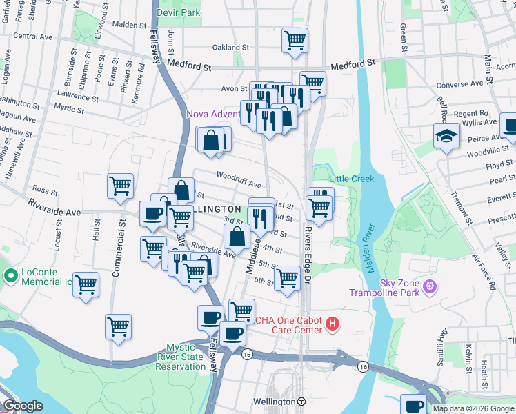 map of restaurants, bars, coffee shops, grocery stores, and more near 59 2nd Street in Medford