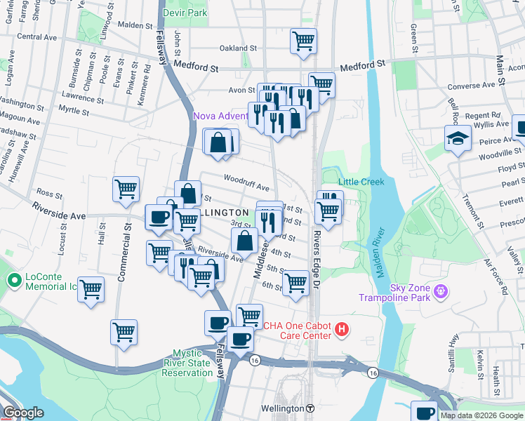map of restaurants, bars, coffee shops, grocery stores, and more near 59 2nd Street in Medford