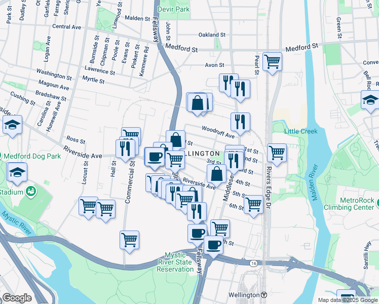 map of restaurants, bars, coffee shops, grocery stores, and more near in Medford